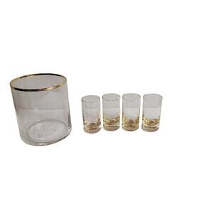 Vintage MCM Shot Glass Set w/ Holder Retro Barware Gold Tone Rim